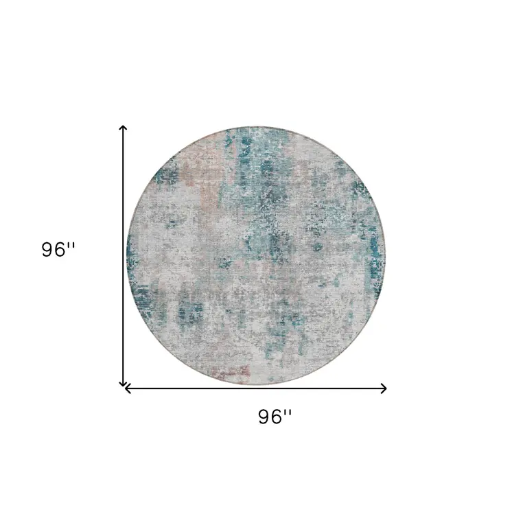 8' Teal Blue Beige And Copper Round Abstract Washable Indoor Outdoor Area Rug