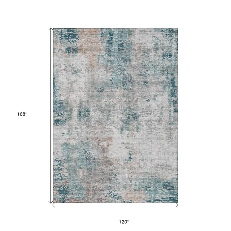10' X 14' Teal Blue Beige And Copper Abstract Washable Indoor Outdoor Area Rug