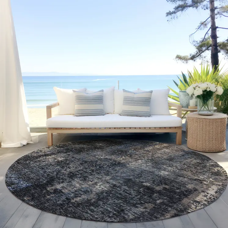 8' Charcoal Gray And Silver Round Abstract Washable Indoor Outdoor Area Rug