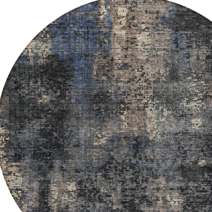 8' Charcoal Gray And Silver Round Abstract Washable Indoor Outdoor Area Rug