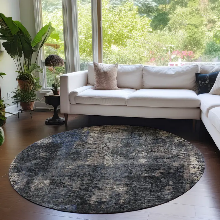 8' Charcoal Gray And Silver Round Abstract Washable Indoor Outdoor Area Rug