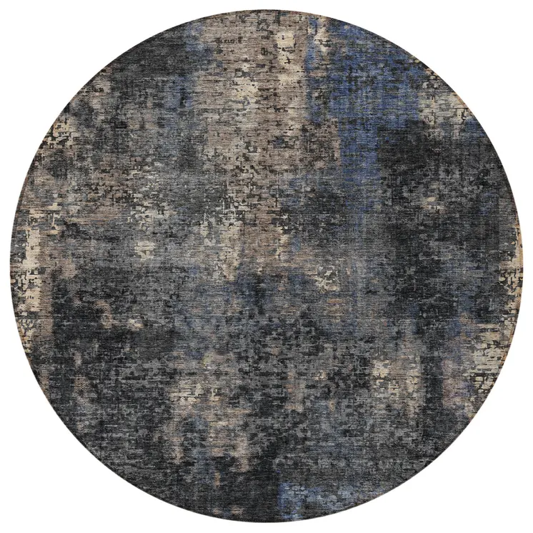 8' Charcoal Gray And Silver Round Abstract Washable Indoor Outdoor Area Rug