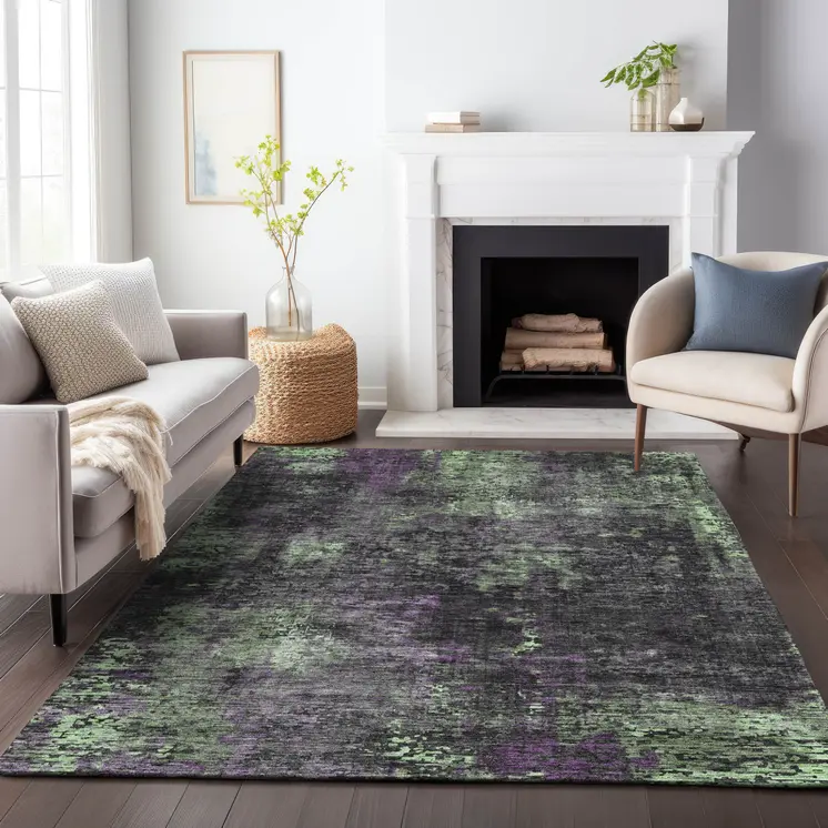 3' X 5' Gray Purple And Charcoal Abstract Washable Indoor Outdoor Area Rug