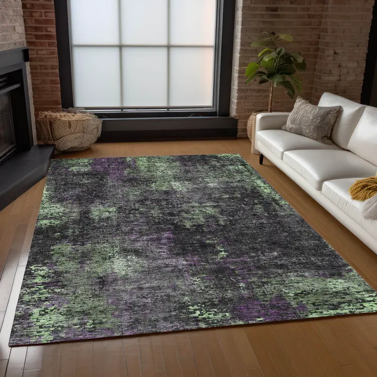 3' X 5' Gray Purple And Charcoal Abstract Washable Indoor Outdoor Area Rug