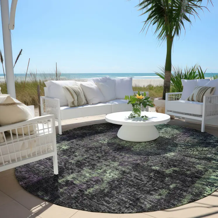 8' Gray Purple And Charcoal Round Abstract Washable Indoor Outdoor Area Rug