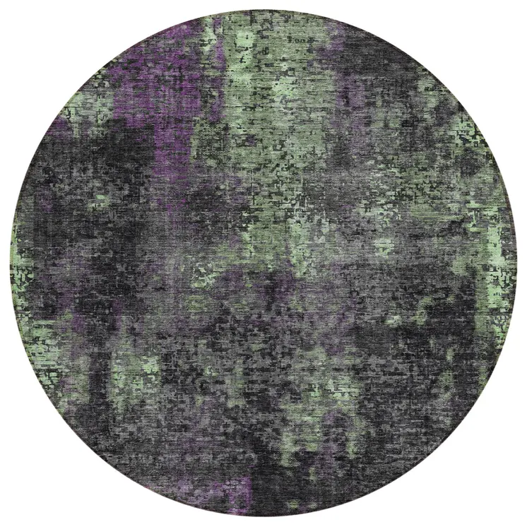 8' Gray Purple And Charcoal Round Abstract Washable Indoor Outdoor Area Rug
