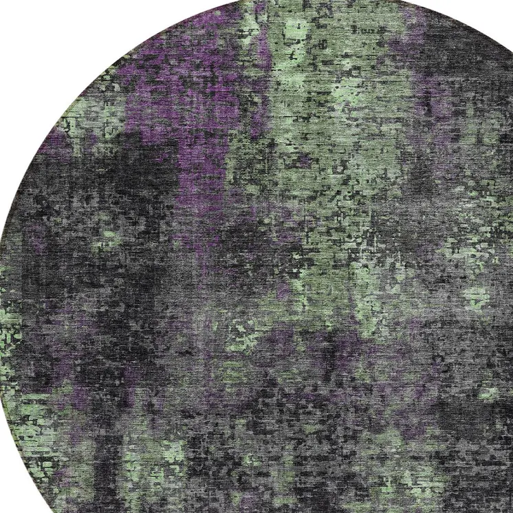 8' Gray Purple And Charcoal Round Abstract Washable Indoor Outdoor Area Rug