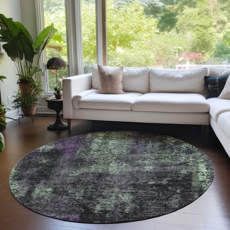 8' Gray Purple And Charcoal Round Abstract Washable Indoor Outdoor Area Rug