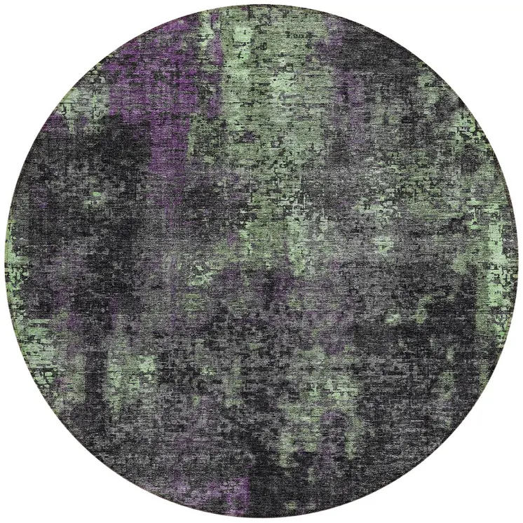 8' Gray Purple And Charcoal Round Abstract Washable Indoor Outdoor Area Rug