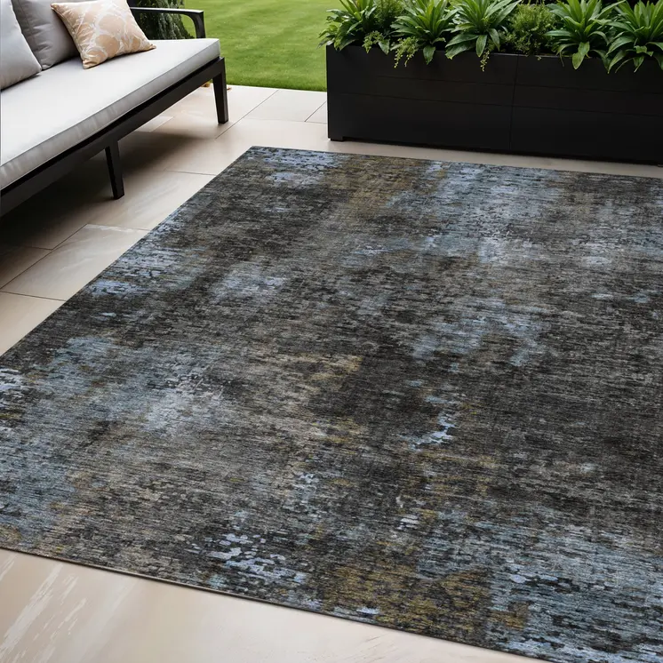 5' X 8' Graphite Charcoal And Silver Abstract Washable Indoor Outdoor Area Rug