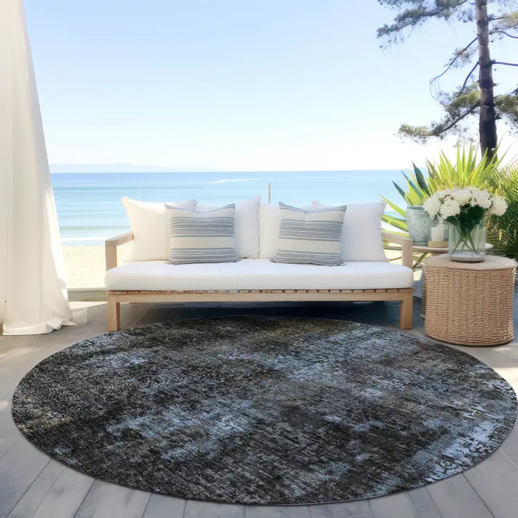 8' Graphite Charcoal And Silver Round Abstract Washable Indoor Outdoor Area Rug