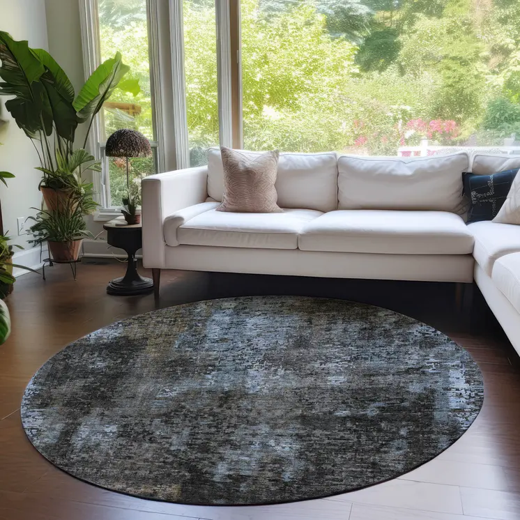 8' Graphite Charcoal And Silver Round Abstract Washable Indoor Outdoor Area Rug