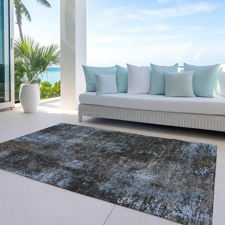 8' X 10' Graphite Charcoal And Silver Abstract Washable Indoor Outdoor Area Rug