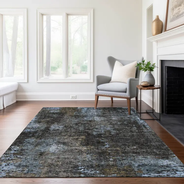 8' X 10' Graphite Charcoal And Silver Abstract Washable Indoor Outdoor Area Rug
