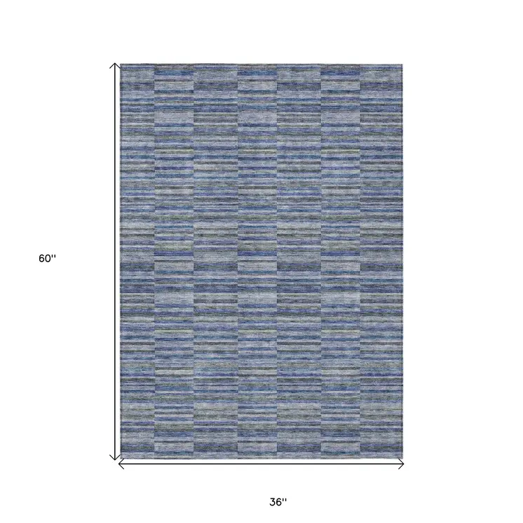 3' X 5' Navy Blue And Denim Blue Striped Washable Indoor Outdoor Area Rug