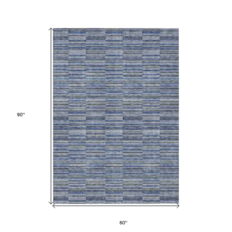 5' X 8' Navy Blue And Denim Blue Striped Washable Indoor Outdoor Area Rug