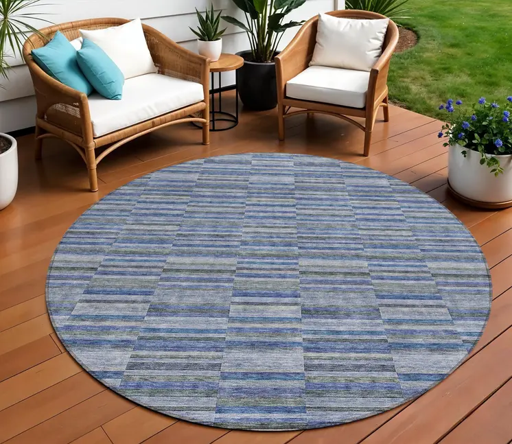 8' Navy Blue And Denim Blue Round Striped Washable Indoor Outdoor Area Rug