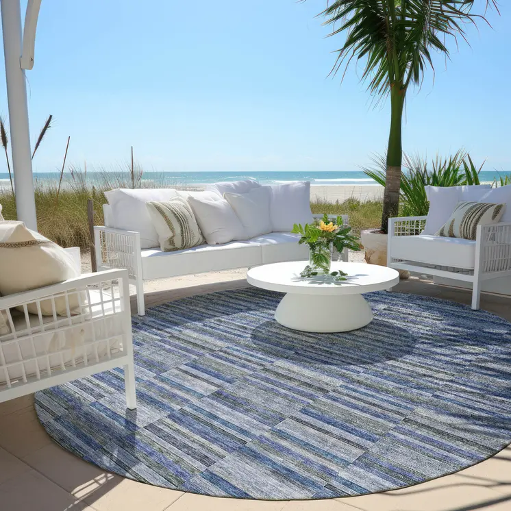 8' Navy Blue And Denim Blue Round Striped Washable Indoor Outdoor Area Rug