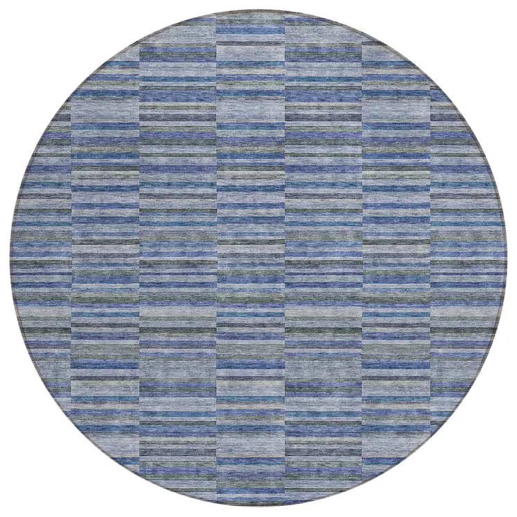 8' Navy Blue And Denim Blue Round Striped Washable Indoor Outdoor Area Rug