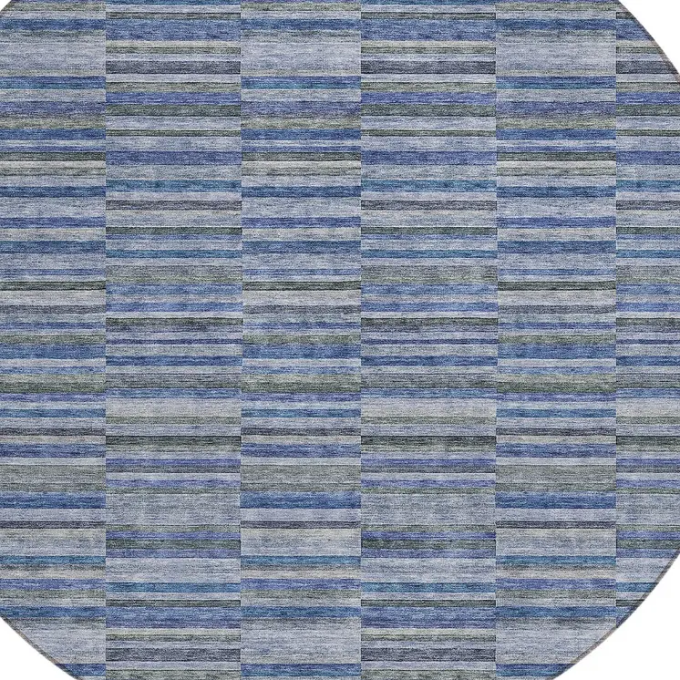 8' Navy Blue And Denim Blue Round Striped Washable Indoor Outdoor Area Rug