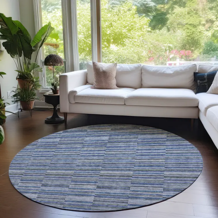 8' Navy Blue And Denim Blue Round Striped Washable Indoor Outdoor Area Rug
