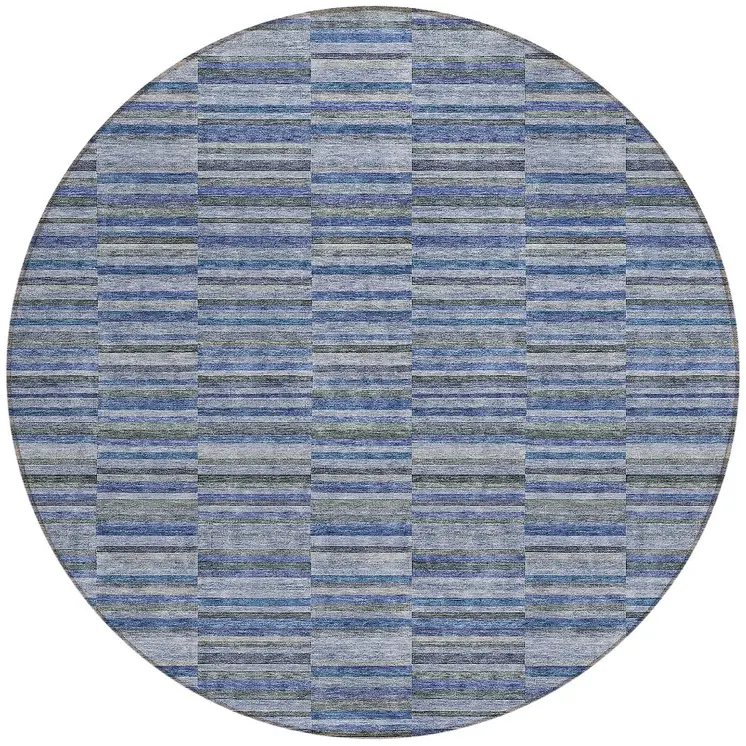 8' Navy Blue And Denim Blue Round Striped Washable Indoor Outdoor Area Rug