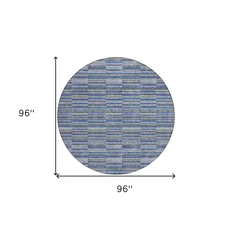 8' Navy Blue And Denim Blue Round Striped Washable Indoor Outdoor Area Rug