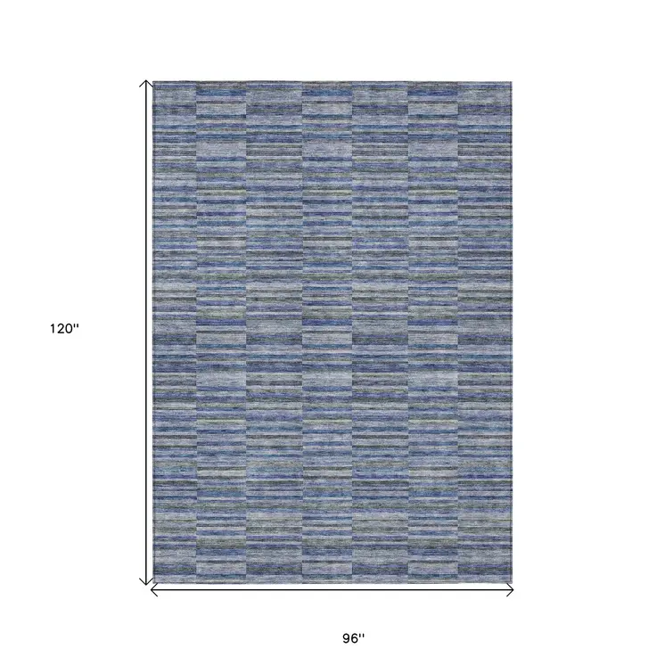 8' X 10' Navy Blue And Denim Blue Striped Washable Indoor Outdoor Area Rug