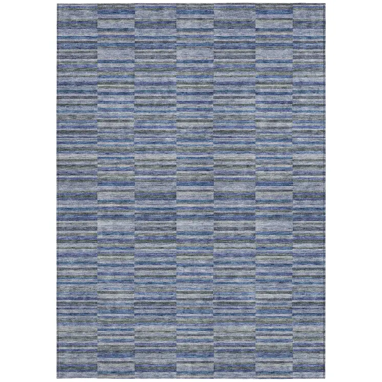 9' X 12' Navy Blue And Denim Blue Striped Washable Indoor Outdoor Area Rug