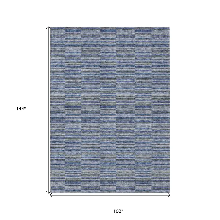 9' X 12' Navy Blue And Denim Blue Striped Washable Indoor Outdoor Area Rug