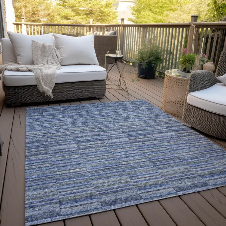 9' X 12' Navy Blue And Denim Blue Striped Washable Indoor Outdoor Area Rug