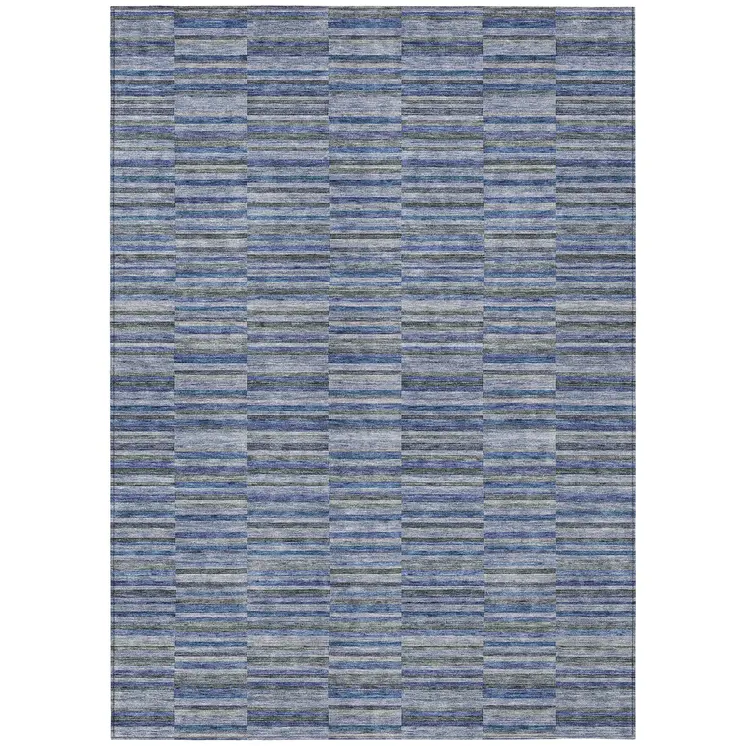 9' X 12' Navy Blue And Denim Blue Striped Washable Indoor Outdoor Area Rug