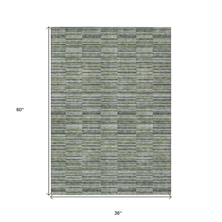3' X 5' Olive Green And Gray Striped Washable Indoor Outdoor Area Rug