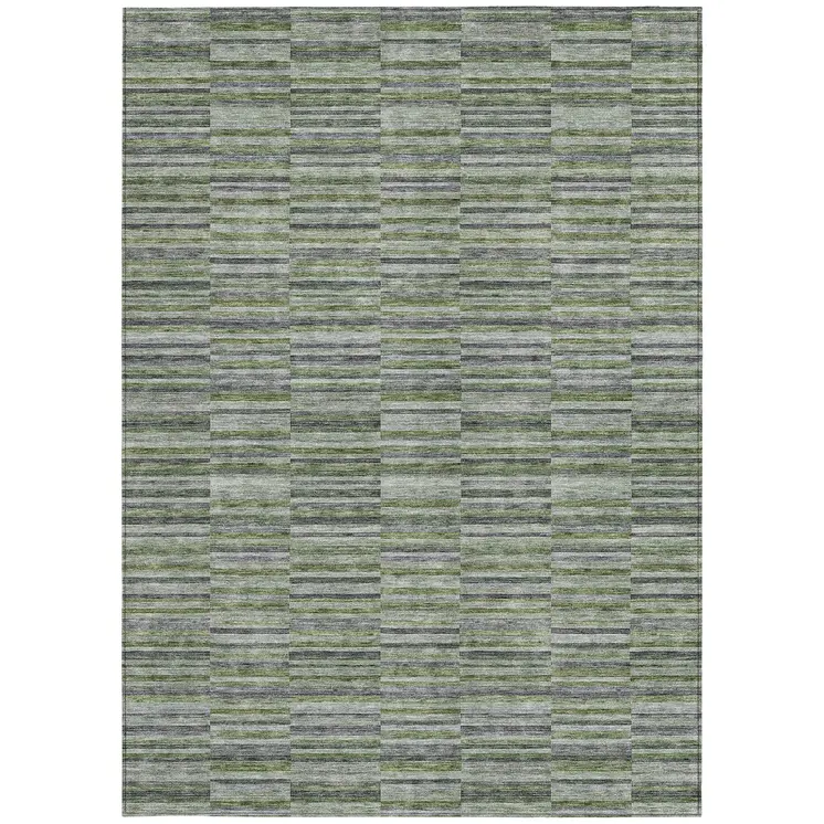 5' X 8' Olive Green And Gray Striped Washable Indoor Outdoor Area Rug