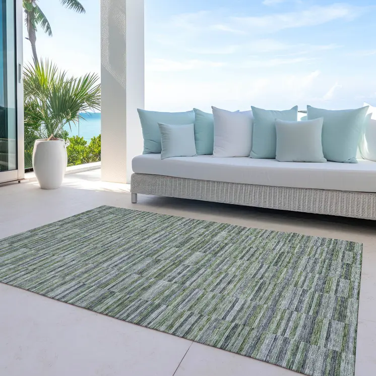 5' X 8' Olive Green And Gray Striped Washable Indoor Outdoor Area Rug