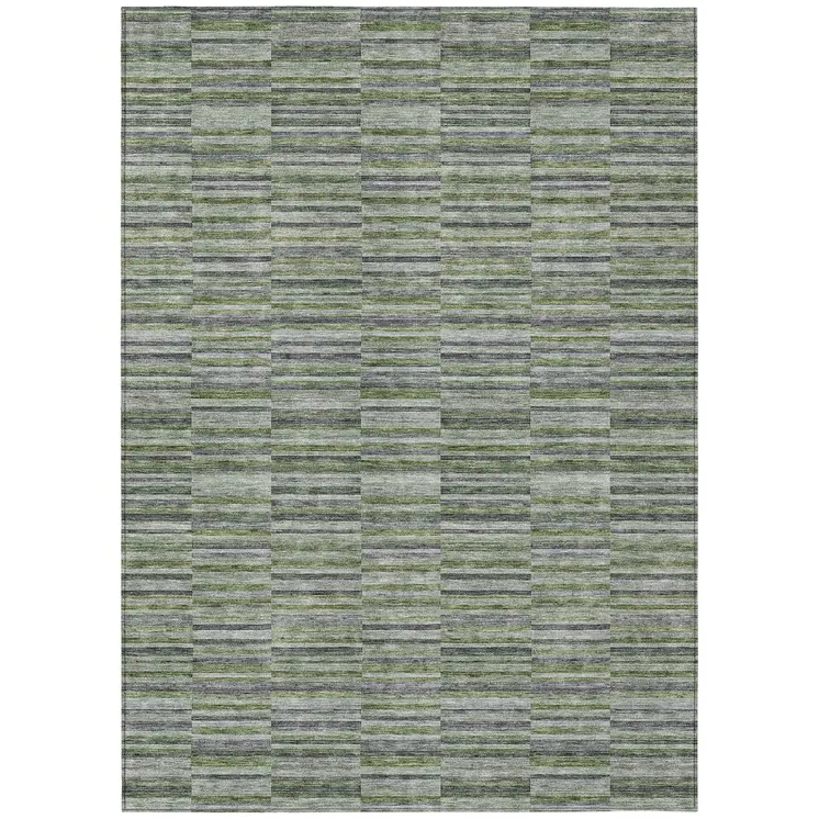 5' X 8' Olive Green And Gray Striped Washable Indoor Outdoor Area Rug