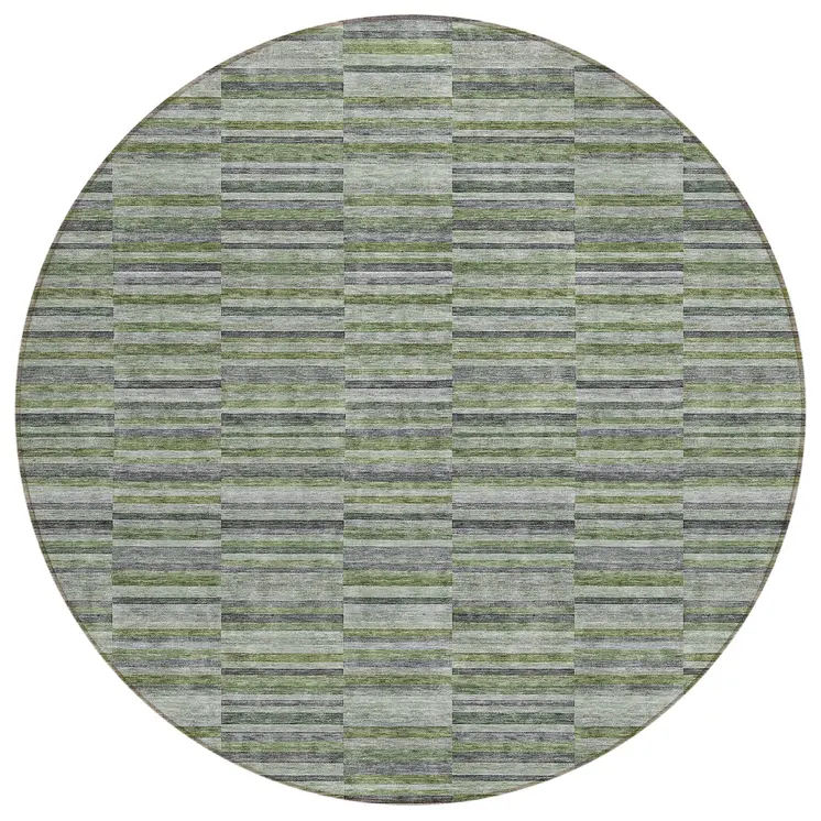 8' Olive Green And Gray Round Striped Washable Indoor Outdoor Area Rug