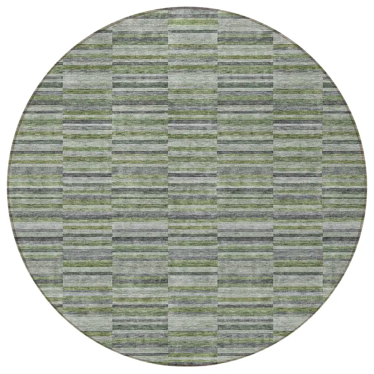 8' Olive Green And Gray Round Striped Washable Indoor Outdoor Area Rug