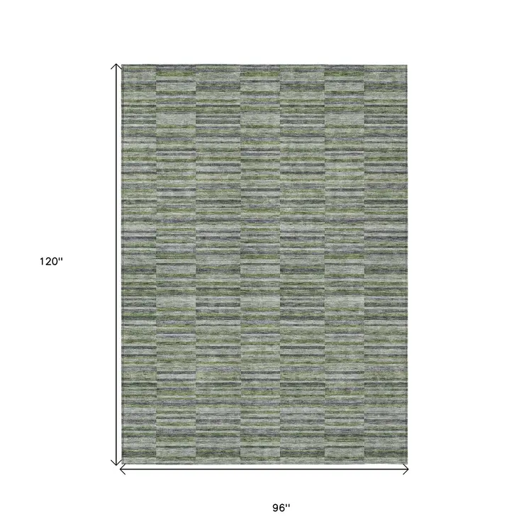 8' X 10' Olive Green And Gray Striped Washable Indoor Outdoor Area Rug