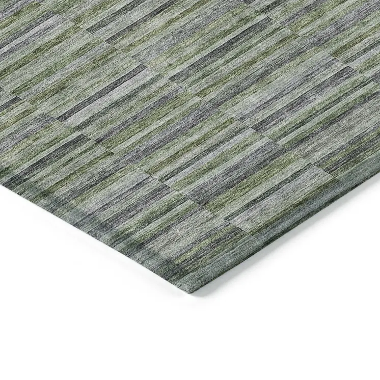 8' X 10' Olive Green And Gray Striped Washable Indoor Outdoor Area Rug