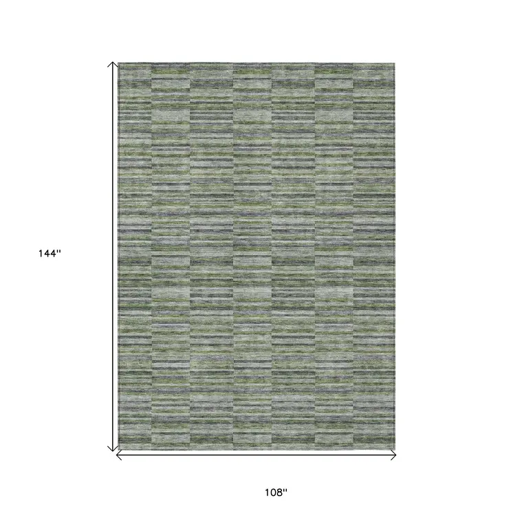 9' X 12' Olive Green And Gray Striped Washable Indoor Outdoor Area Rug