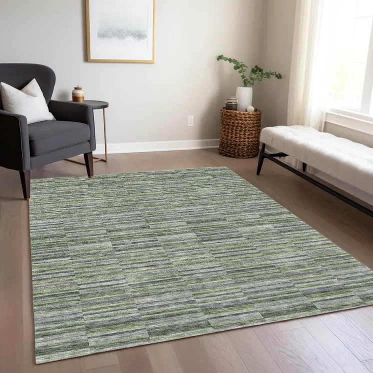 9' X 12' Olive Green And Gray Striped Washable Indoor Outdoor Area Rug