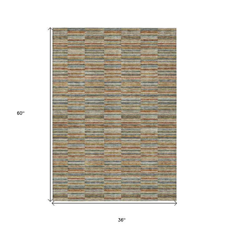 3' X 5' Orange Copper And Gray Striped Washable Indoor Outdoor Area Rug