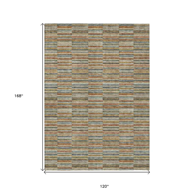 10' X 14' Orange Copper And Gray Striped Washable Indoor Outdoor Area Rug