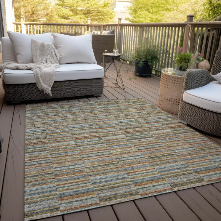 10' X 14' Orange Copper And Gray Striped Washable Indoor Outdoor Area Rug