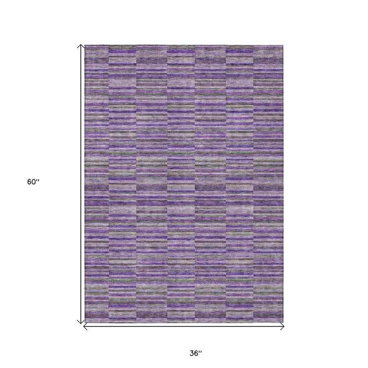 3' X 5' Purple And Lavender Striped Washable Indoor Outdoor Area Rug