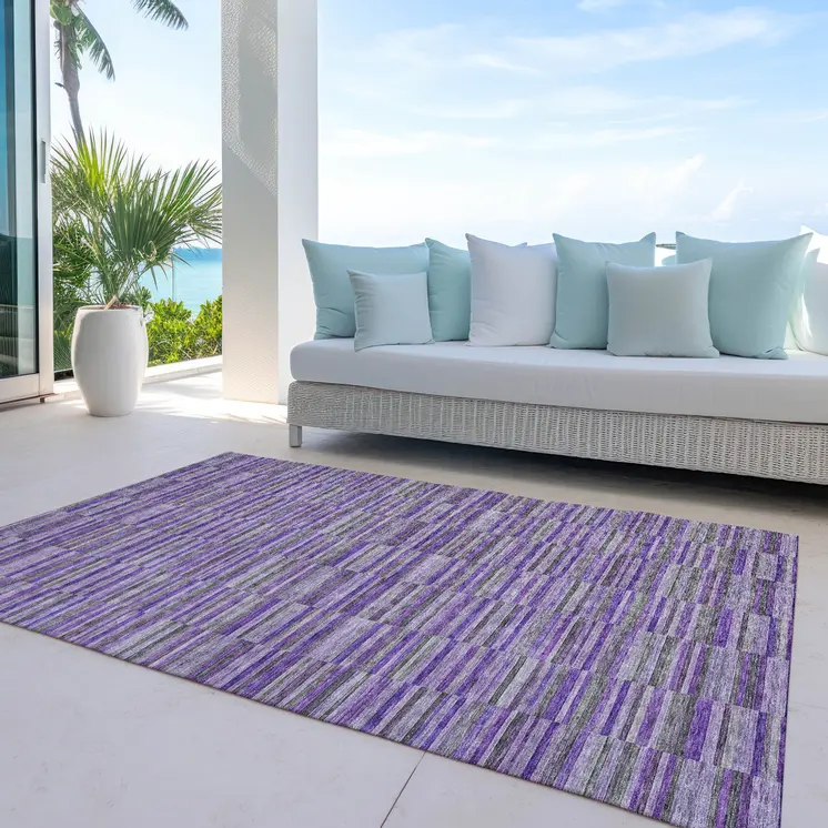 10' X 14' Purple And Lavender Striped Washable Indoor Outdoor Area Rug