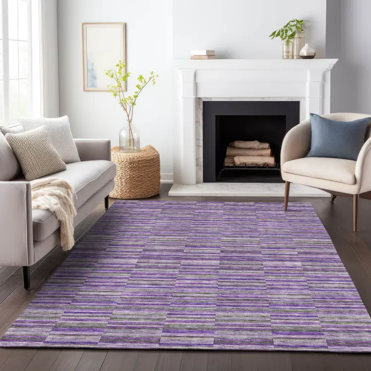 10' X 14' Purple And Lavender Striped Washable Indoor Outdoor Area Rug