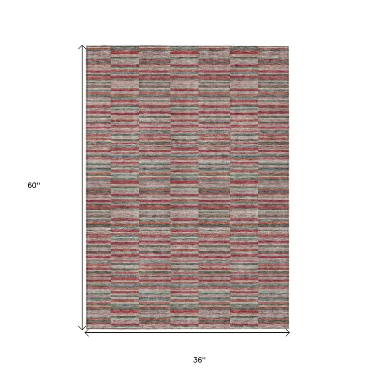 3' X 5' Red Beige And Copper Striped Washable Indoor Outdoor Area Rug