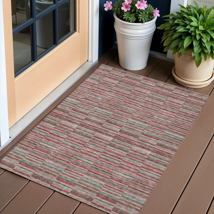 3' X 5' Red Beige And Copper Striped Washable Indoor Outdoor Area Rug